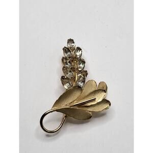 Vintage Gold Tone Leaf Spray Brooch with Clear Rhinestones 1950s Floral Jewelry